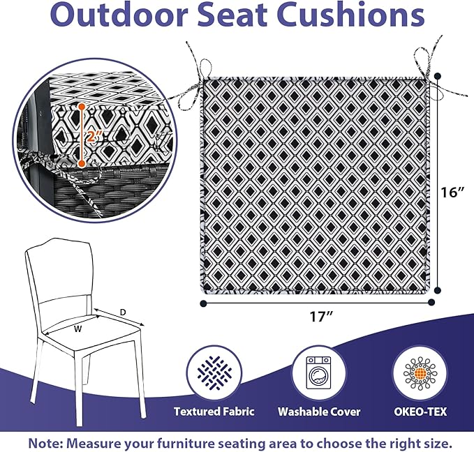 Outdoor Chair Cushions Set of 4,Waterproof Outdoor Seat Cushions for Patio Furniture,Patio Chair Cushion with Handle and Ties, Out Door Chair Pads,17" x 16" x 2", Black Geometry