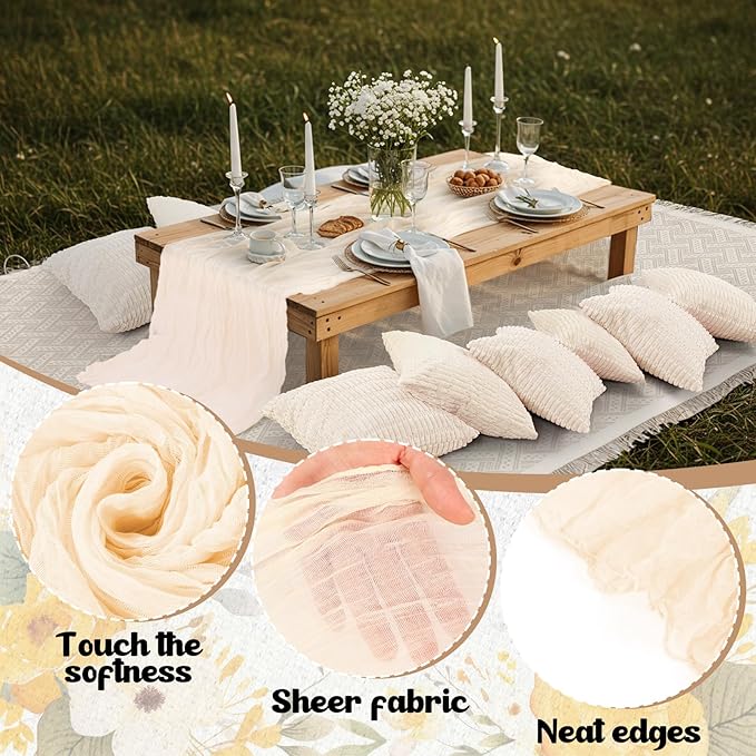 91 x 71 Extra Large Outdoor Boho Picnic Blanket with White Table Runner, 6 Throw Pillow Covers 6 Napkins Woven Cotton Yarn Oversize Beach Blanket Washable Picnic Camp Wedding