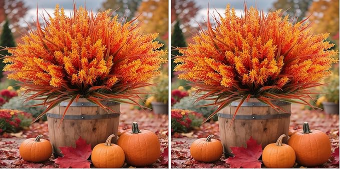 Geegoods 24 Bundles Artificial Fall Flowers Outdoor – Faux Lavender Flowers with Monkey Grass UV Resistant Plastic Faux Plants for Garden Porch Patio Home Decor, Autumn-Orange Color (Pack of 2)