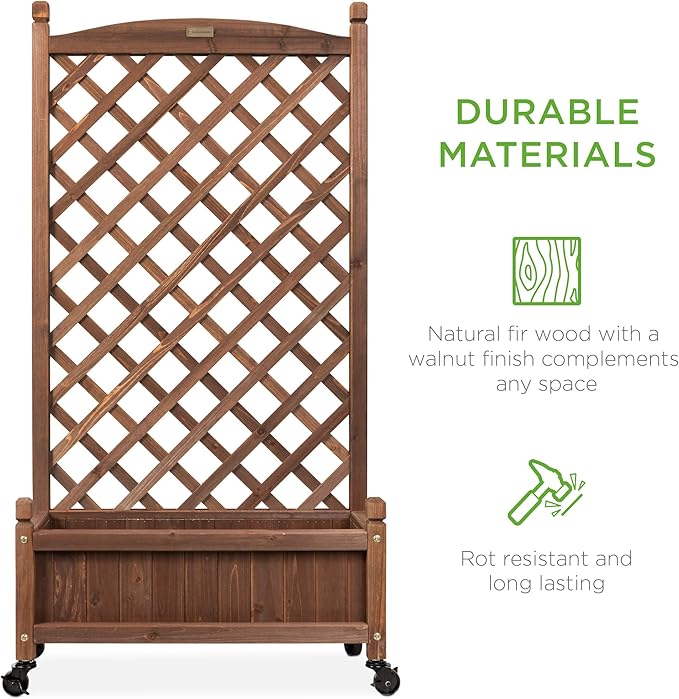Best Choice Products 48in Wood Planter Box & Diamond Lattice Trellis, Mobile Outdoor Raised Garden Bed for Climbing Plants w/Drainage Holes, Optional Wheels - Walnut