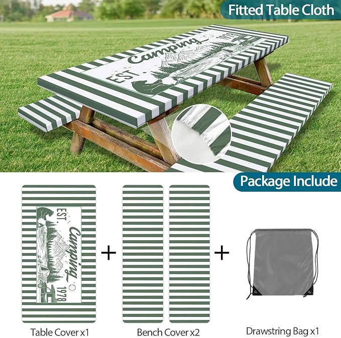 3PCS Picnic Table Cover with Bench Covers Green Stripe Bear Pattern Camping Tablecloth Fitted Picnic Picnic Table Cover with Elastic Windproof Waterproof, Outdoor Camping Accessories 60IN