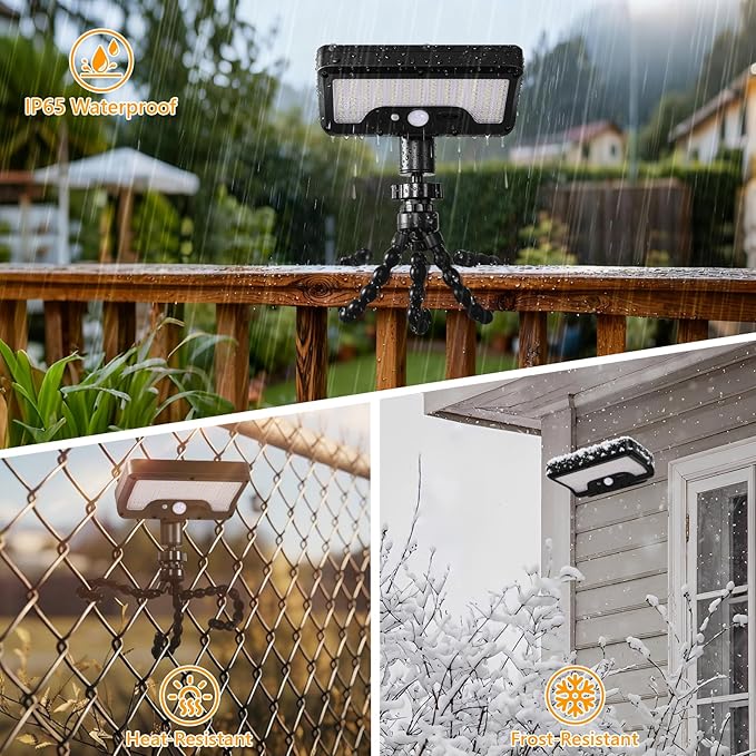Solar Motion Lights Outdoor with Flexible Octopus Tripod, USB & Solar Powered Motion Sensor Lights with 92 LEDs(600LM,6000K), IP65 Waterproof Motion Activated Light for Fence, Camping, Gutter(2 Pack)