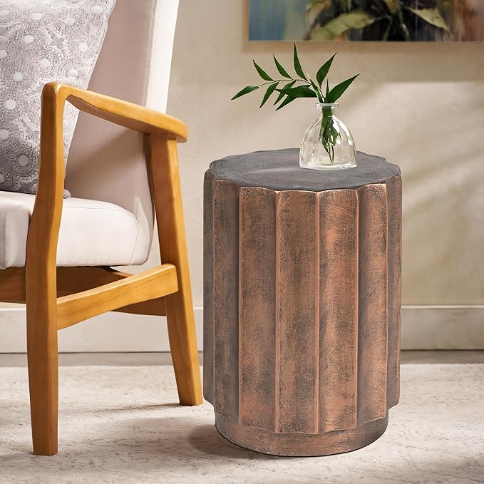 LuxenHome Weathered Copper Cement Fluted Round Indoor Outdoor Side and End Table, Set of 2