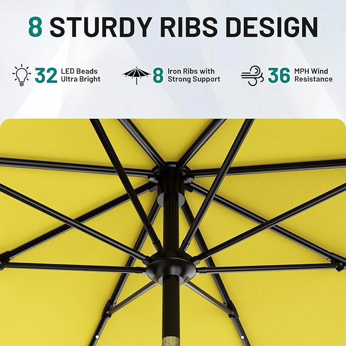 AreShark 9FT Patio Umbrella with Solar Lights, 32 LED Lighted Pool Umbrella w/Tilt and Crank, Outdoor Market Solar Umbrellas for Garden, Deck, Backyard, Pool and Beach, Yellow