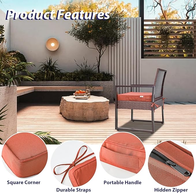 Outdoor Chair Cushions Set of 4 -Waterproof Outdoor Seat Cushions for Patio Furniture, Patio Chair Cushion with Handle and Ties, Square Out Door Chair Pads,19" x 19" x 3", Spice
