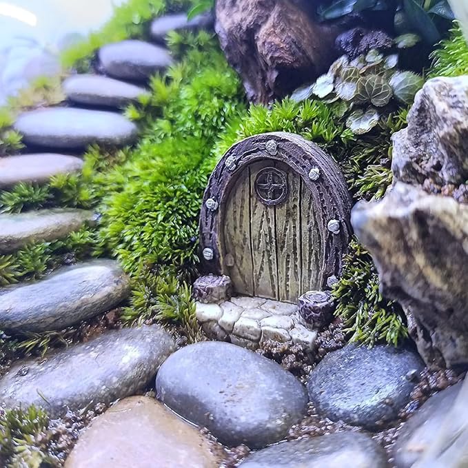 Fairy Door.Miniatue Fairy Tiny Circular Arch Door Figurines.Fairy Garden Supplies.Terrarium/Aquarium Accessories.DIY Miniature Garden.A Door and 3Pcs Steppings. (Barrel Hobbit Door)
