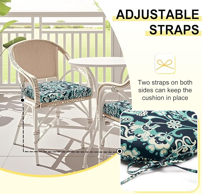 downluxe Outdoor Chair Cushions Set of 4 for Patio Furniture, Water-Resistant Patio Chair Cushions with Ties, High Density Foam Outdoor Seat Cushion, 17" X 16" X 2", Green Paramecium