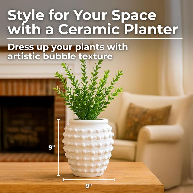 Modern Ceramic Flower Pot with Bubble Texture – Decorative Round Stoneware Planter for Indoor and Outdoor Plants – Unique Contemporary Accent for Garden, Patio, or Home Decor – 9" White