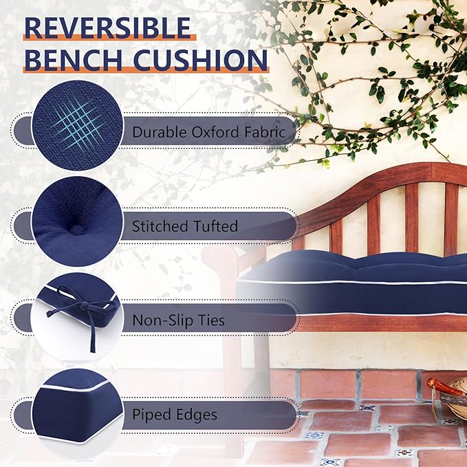 Favoyard Indoor/Outdoor Bench Cushion 42 x 16 Inch Waterproof & 3-Year Fade-Resistant Patio Furniture Cushions for Garden Porch Swing Chair Tufted Pad for Sofa Couch Seat with Ties, Blue