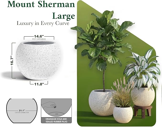 DTY Mt Sherman 21.1'' D x 16.7'' H (Pot Opening 14.6") Fiberstone Round Planter with Drainage Hole, Smooth Finishes, Weather Resistant for Indoor and Outdoor, 2 Extra Coco Mats - Ribbed White, Large