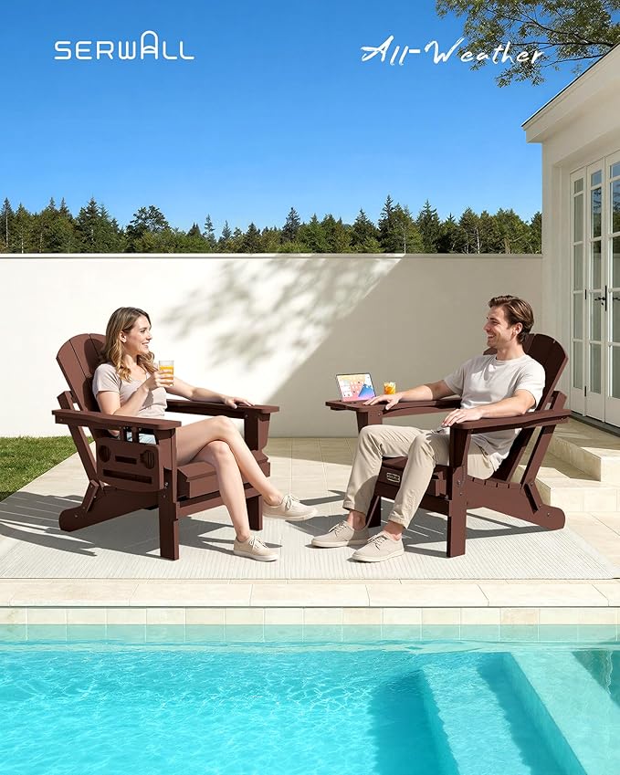SERWALL Folding Adirondack Chair Set of 2, HIPS Adirondack Chairs with 4 in 1 Cup Holder, Weather Resistant Plastic Chairs for Patio Garden Outdoors Fire Pit-Coffee