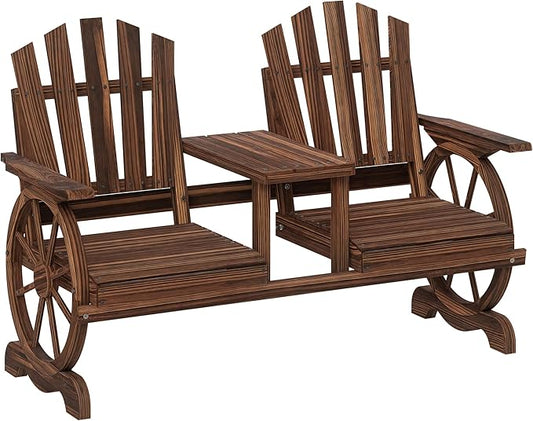 Outsunny Wooden Garden Bench with Table, Umbrella Hole, 2-Seat Wagon Wheel Outdoor Bench with Slatted Seat, High Backrest, Armrests for Backyard, Patio, Garden, Carbonized