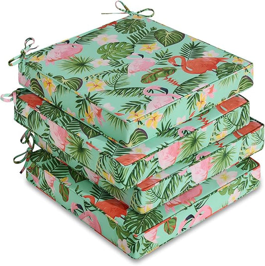 downluxe Outdoor Chair Cushions Set of 4, Waterproof 19" x 19" x 3" Patio Chair Cushion with Non-Slip Ties & Handle, Square Outdoor Cushion for Patio Furniture with Removable Cover, Tropical Flamingo