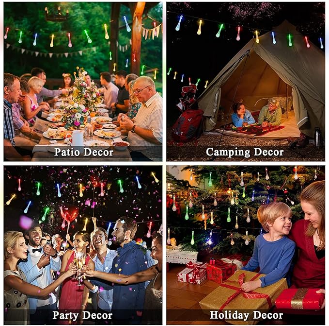 JMEXSUSS 2 Pack Solar String Lights Outdoor Waterproof, Total 41.6FT 60 LED Teardrop Water Drop Solar Lights, Multi Colored Christmas Lights for Outside Garden Patio Yard Tree Christmas Decorations