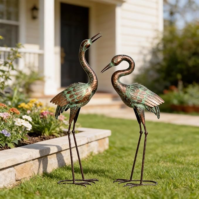 Shorayn Garden Crane Statues, Blue Heron Sculptures for Outdoor, Cranes Decor Metal Bird, Patina Garden Art Lawn Ornaments for Yard Patio Porch Outside Decorations