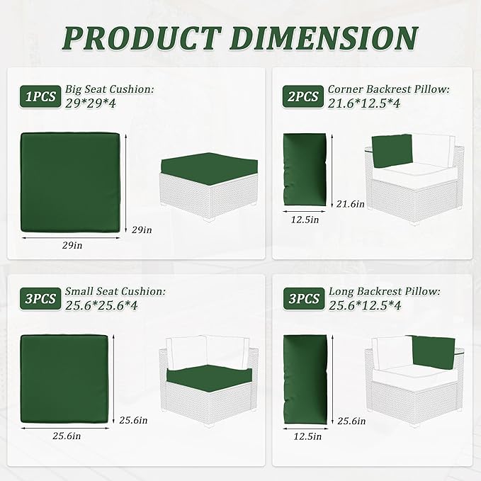 Patio Furniture Cushions, Replacement Outdoor Cushions for 4-Seat Patio Furniture, Waterproof Cushions for Outdoor Sectional Sofa Couch, Green