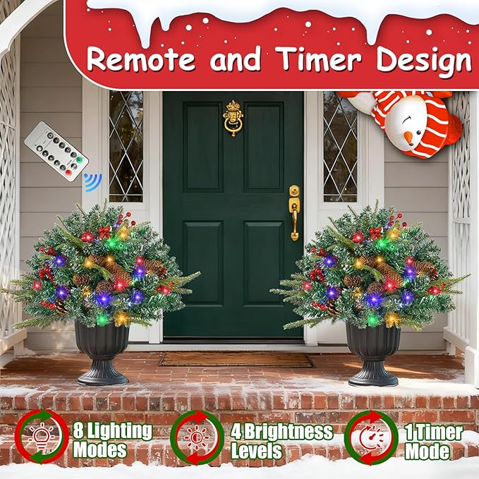 JOYHALO 2 Pack Set 21Inch Christmas Urn Filler with 50 Lights Remote Controlled in Multicolor, Christmas Pot Fillers with PVC&PE Branches, Outdoor Christmas Trees for Porch Pathway Yard Decorations