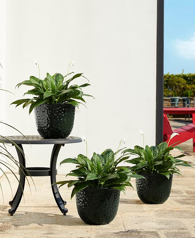 Glitzhome Round Faux Ceramic Planter Pots, 11.75" D Honeycomb Textured Tall Outdoor Planters with Drainage Hole, Gradient Green Outdoor Flower Pots, Plastic Large Planters for Porch, Garden, Set of 3