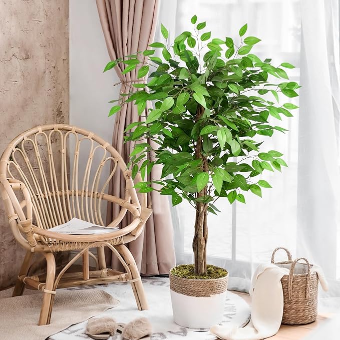 5ft Ficus Artificial Trees with Natural Curved Trunks, 60" Tall Lush Faux Tree for Home Decor Indoor, Green Lifelike Fake Ficus Tree Artificial Plants