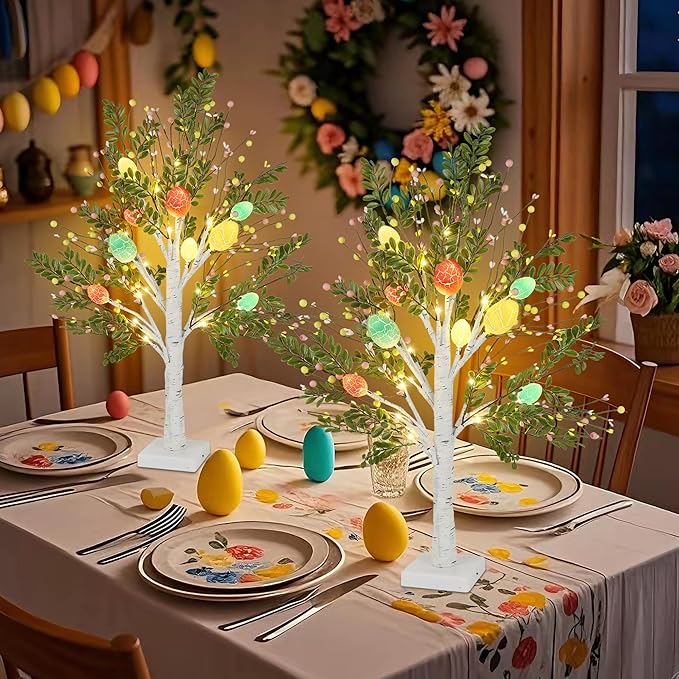 DR.DUDU 27 Inch Easter Decorations for Home – 2 Pack Lighted Easter Trees, Light Up Birch Trees with Easter Egg, Tabletop Spring Decor for Mantel Indoor Office