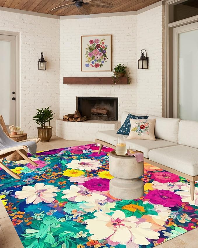 Modern Floral 6x9 Outdoor Area Rug Contemporary Aesthetic Green Pink Flower Texture Rug for Balcony Patio Deck Porch Washable Reversible Garden Large Carpet Waterproof Backyard Mat