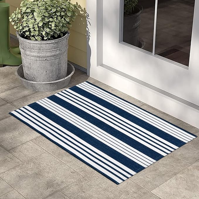 OJIA Front Door Mats Outdoor 2'x3' Striped Front Door Rug Washable Door Mats Cotton Woven Indoor Outdoor Rugs Farmhouse Small Area Rug Layered Doormat for Porch/Entryway/Kitchen/Home Entrance Decor