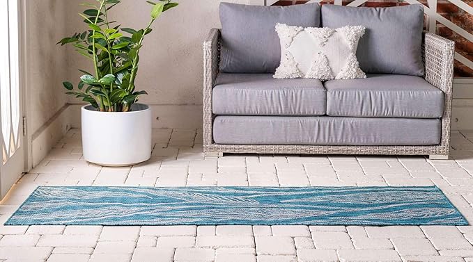 Unique Loom Outdoor Botanical Collection Area Rug - Leaf (2' x 6' 1" Runner, Teal/ Ivory)