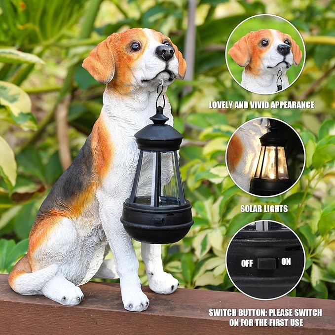 Garden Dog Statues Outdoor Decor, Solar Lights Outdoor Beagle Dog Statue Garden Decorations Solar Dog Ornaments for Patio, Lawn, Yard Art Decoration,Valentines Day Gifts, Housewarming Garden Gift