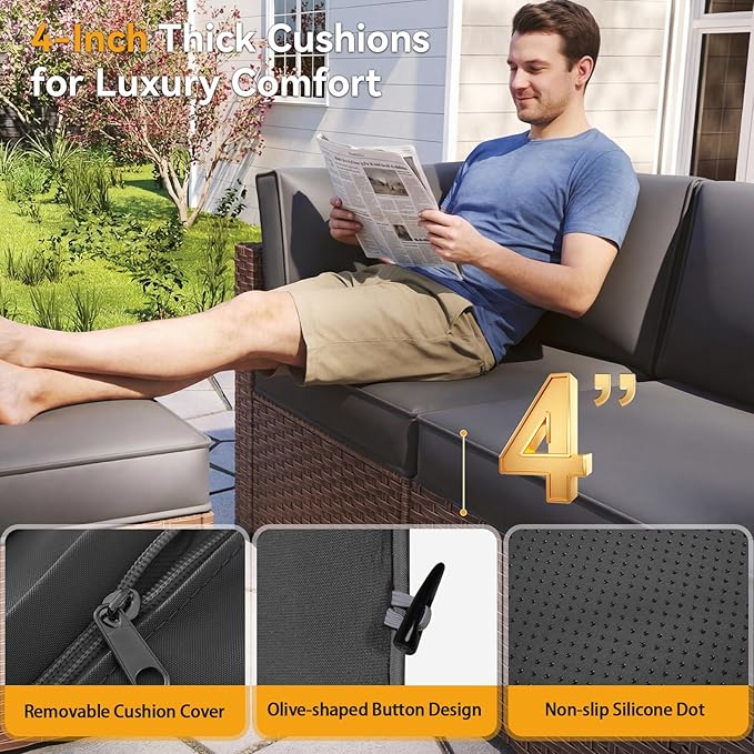 Aoxun Outdoor Replacement Cushions for Patio Furniture, 4'' Water-Repellent Sofa Cushion for 4-Seat Rattan Wicker Sectional, Deep Seats & Fade Resistant (9-Piece, Grey)