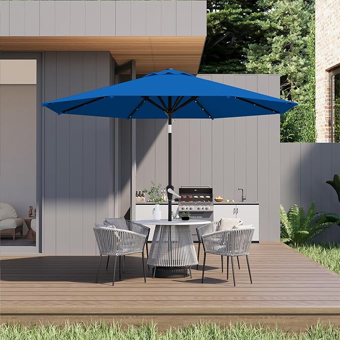 AreShark 9FT Solar Umbrella 32 LED Lighted Patio Umbrella Table Market Umbrella w/Tilt and Crank Outdoor Umbrellas for Garden, Deck, Backyard, Pool and Beach, Deep Blue