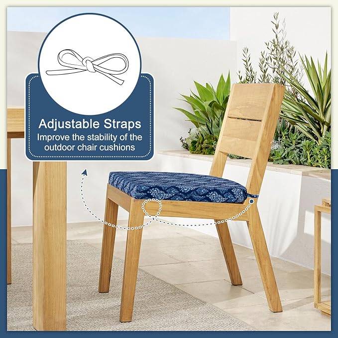 Cozyide Outdoor Chair Cushions, Waterproof Patio Seat Cushions with Adjustable Straps, Round Corner Patio Chair Cushions for Garden, Indigo Badge, 17x16x2 Inch (Pack of 2)