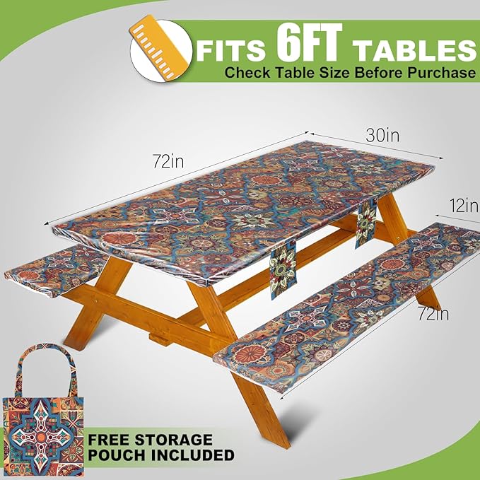 Fitted Picnic Table Cover with Bench Covers Waterproof Elastic Edges Rectangle Patio Tablecloth Outdoor Camping Essentials Stuff Rv Accessories Summer Travel Camper Trip Gifts for Men Woman, 72in 6 ft