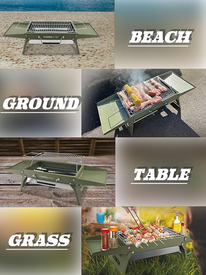 Charmline 14x9 inches Small Portable Charcoal Grill, Christmas Gift for Outdoor Enthusias, Tabletop Charcoal Grills for Camping, Picnics, Gardens and Beach Parties, Green