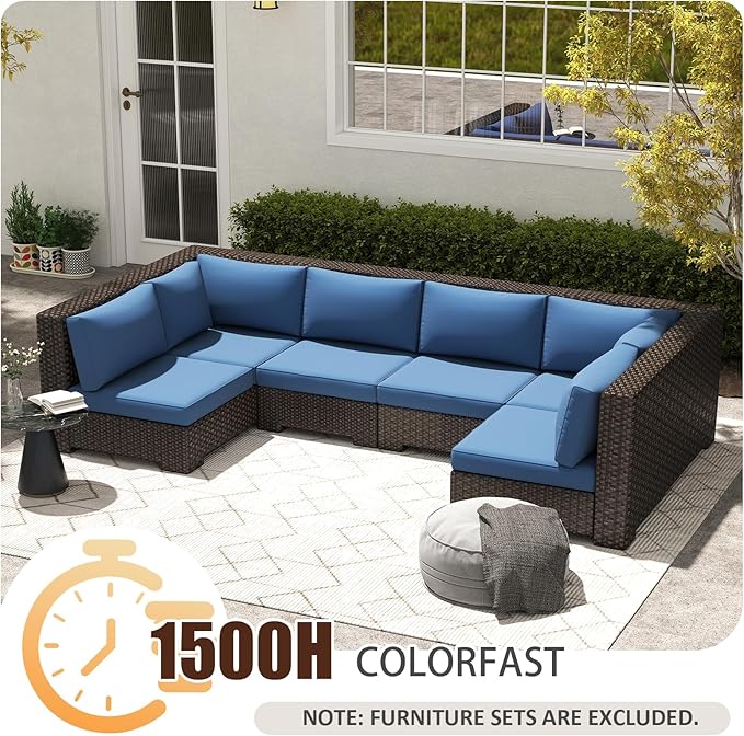 14 Pieces Replacement Patio Cushion for Outdoor Sectional Furniture, Waterproof Outdoor Cushion for 6-Seat Wicker Patio Sofa Sets, 3.2'' Thick with 25D Foam (Blue, 25.2x25.2 Inches)