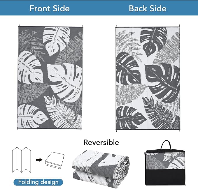 COZYLOOM Waterproog Outdoor Rug 10x14 Reversible Plastic Straw Rug for Patio, Reversible Foldable RV Camping Picnic Mat with Portable Bag & 4 Stakes, UV Resistant & Easy to Clean, Grey