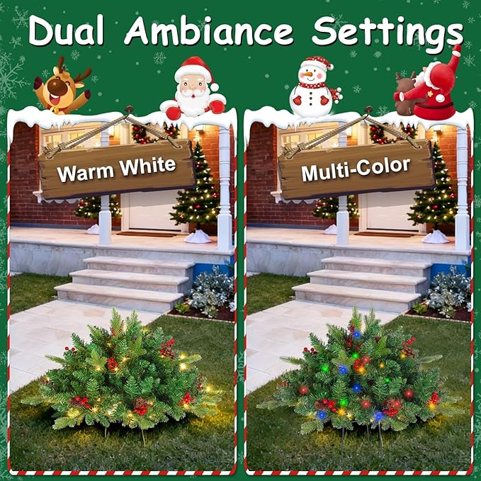 JOYHALO 2 Pack Set 30Inch Christmas Urn Filler with 40 Lights in Warm White and Multicolor, Christmas Pot Fillers with PVC&PE Branches, Outdoor Xmas Trees for Porch Pathway Entryway Yard Decorations