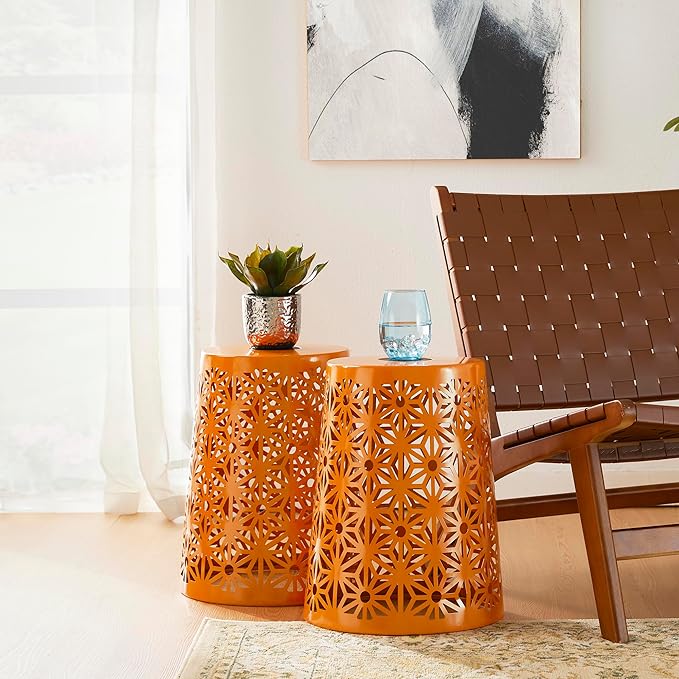 Glitzhome Ourdoor Side Table Set of 2,Solar Iron Cutout Geometric Pattern Decorative Garden Stool Planter Stand,Accent Table or Lantern for Patio Poolside Party Yard,Orange