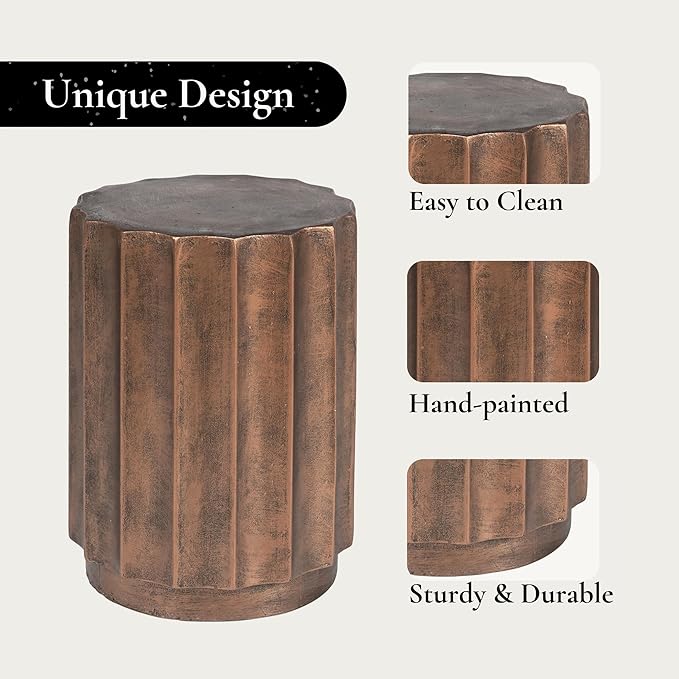 LuxenHome 18" Fiber Stone Outdoor Side Table, Bronze Finish Garden End Table, Round Porch Poolside Seating, Indoor Outdoor Use