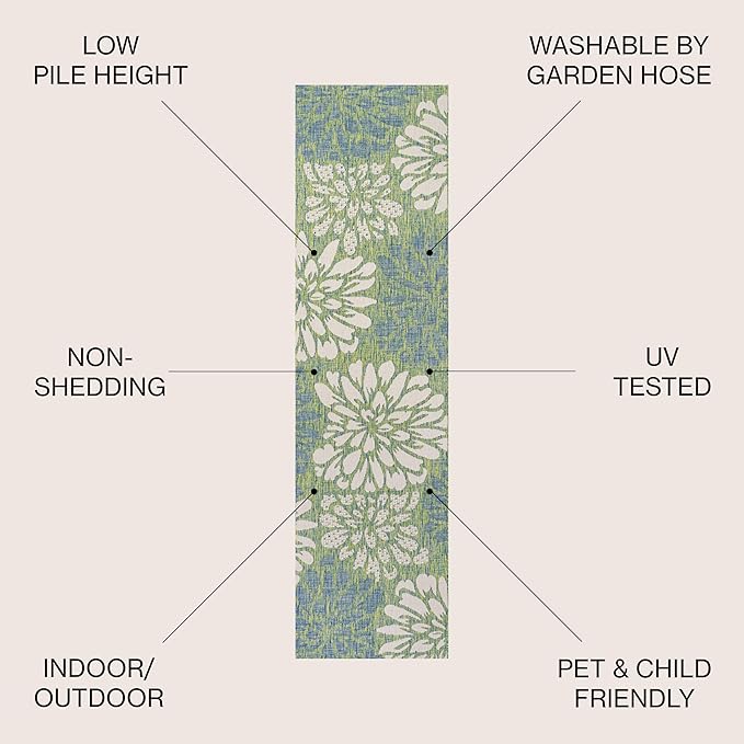 JONATHAN Y Floral Textured Weave Indoor Outdoor Runner Rug 2X10 Cream/Green, Zinnia Modern for Backyard, Patio, Porch, Easy-Cleaning, High Traffic, Pet-Friendly, Non-Shedding (SMB110D-210)