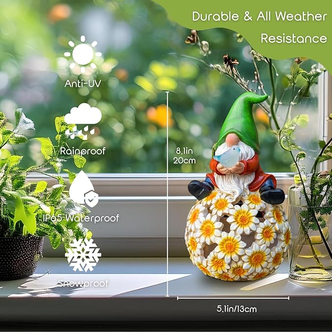 Solar Garden Gnome Statue Gnomes Statue with LED Lights Winter Ornaments Outdoor Yard Art Decorations for Home Patio Porch Lawn - Christmas Birthday Gifts for Mom Women