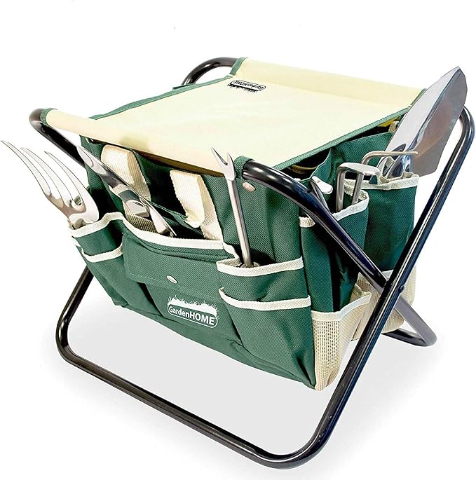 GardenHOME 7-Piece Green Gardening Tool Set – Stainless Steel Tools with Wooden Handles, Folding Stool & Canvas Tote, Durable Garden Kit for Women and Beginners