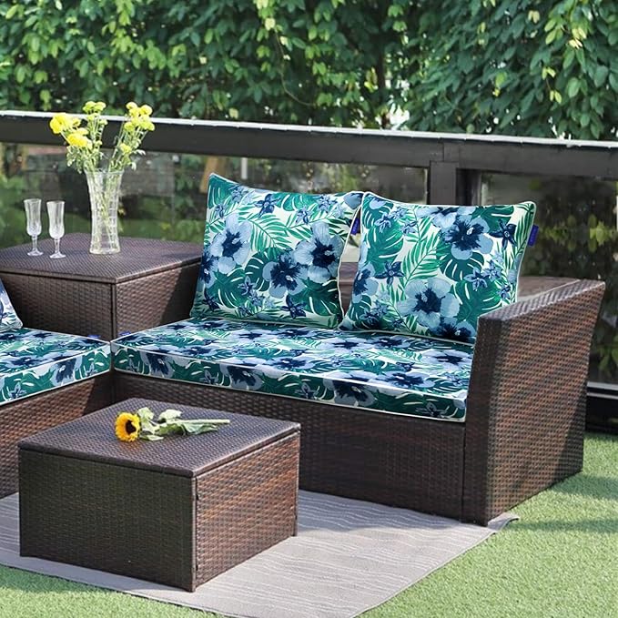 Outdoor Loveseat Cushion Set 44''x24'', Outdoor Cushions for Patio Furniture with Fastness Cover, Water Repellent Outdoor Seat Cushion and Couch Back Cushions for Bench, Swing (Blue Flower, 2 Sets)