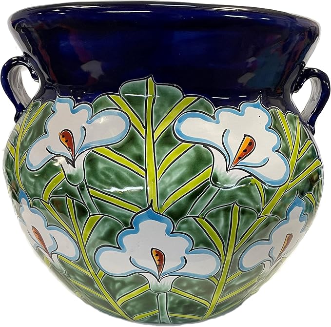Indoors/Outdoors Medium-Sized Blue Lily Mexican Colors Talavera Ceramic Garden Pot