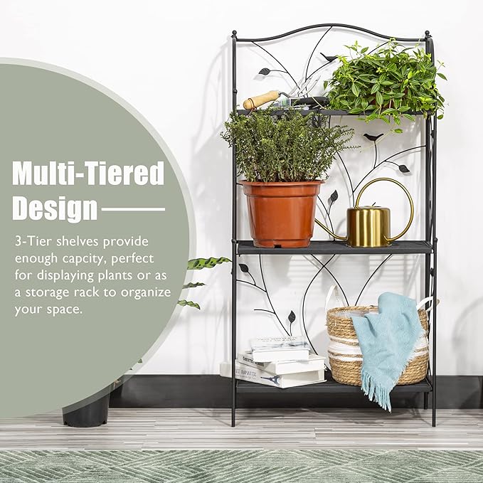 glitzhome Plant Stand Metal Rack 3 Tier Flower Pot Organizer Multiple Holder Shelf for Indoor Outdoor Garden, Black
