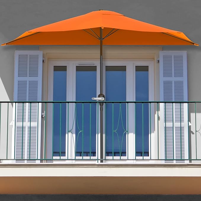 Pure Garden 9-Ft Half Patio Umbrella Easy Crank Semicircle Balcony Shade with 20lb Weighted Base for Deck, Porch, or Against a Wall (Terracotta)