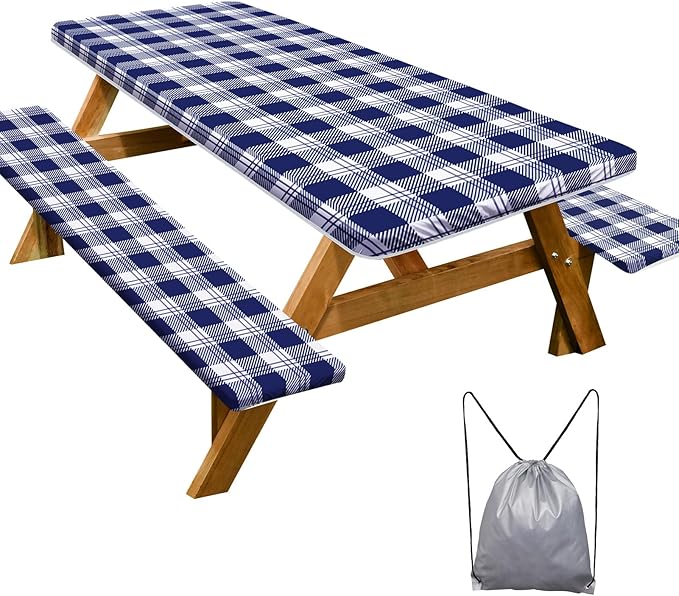 Picnic Table Cover with Bench Covers Camping Essentials Waterproof Windproof Camping Tablecloth with Drawstring Bag, Fitted Rectangle Tables and Seats, 60in, Blue Checkered