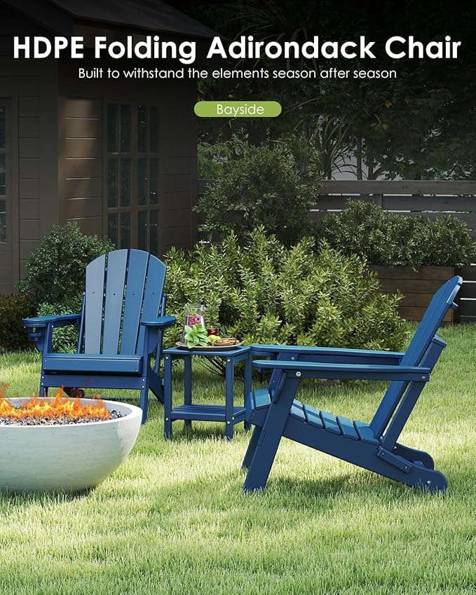 GREENVINES Folding-Adirondack-Chairs-Set-of-4 | HDPE Plastic | Fire Pit Chair | All Weather | Cup Holder | Blue | for Deck Backyard Patio Outdoor Garden