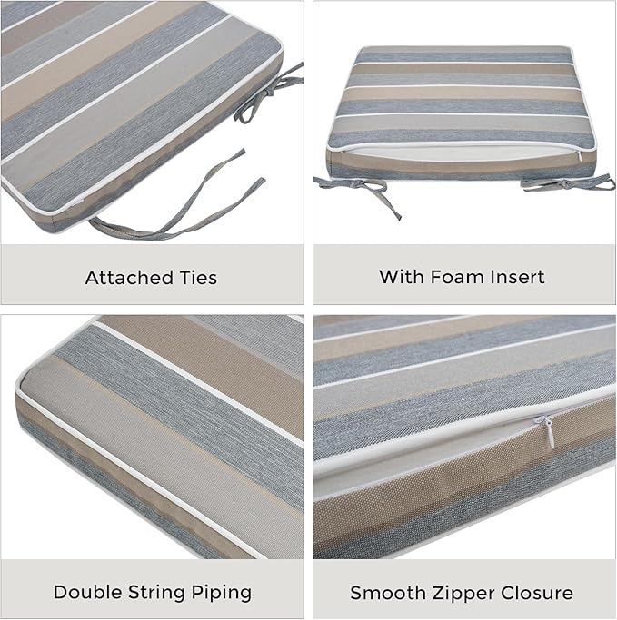 FUNHOME Outdoor Chair Cushions 18"x18"x2.5" Set of 2,Water Resistant Patio Chair Cushion with Zipper&Ties,18x18 Inch Replacement Square Seat Cushion for Garden Chairs(Gray Stripe)