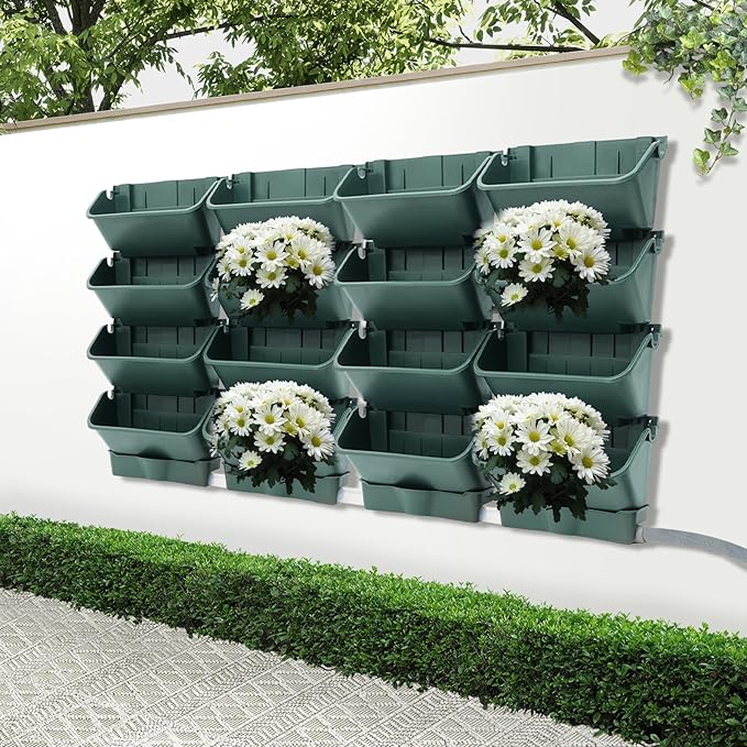 Wall-Mounted Vertical Garden Planter Set – 24 Self-Watering Planters with Drainage Pipe, Stackable Wall Planters for Indoor & Outdoor Use (Green, 16PCS)