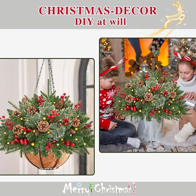 Waipfaru Outdoor Christmas Tree Urn Filler, Prelit Planter Bushes, 22 Inch Lighted Artificial Christmas Tree with Cones & Red Berries for Front Porch Pot Filler Planter Christmas Decorations, 2 Pack